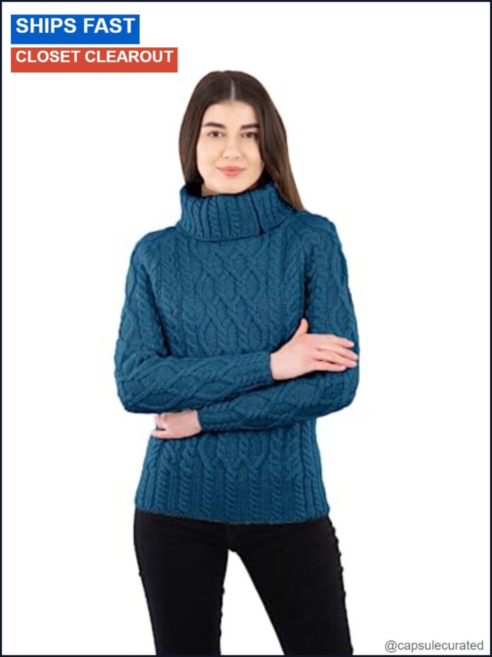 100% Merino Wool Aran Fisherman Cable Knit Sweater Half Zip Turtleneck Long
